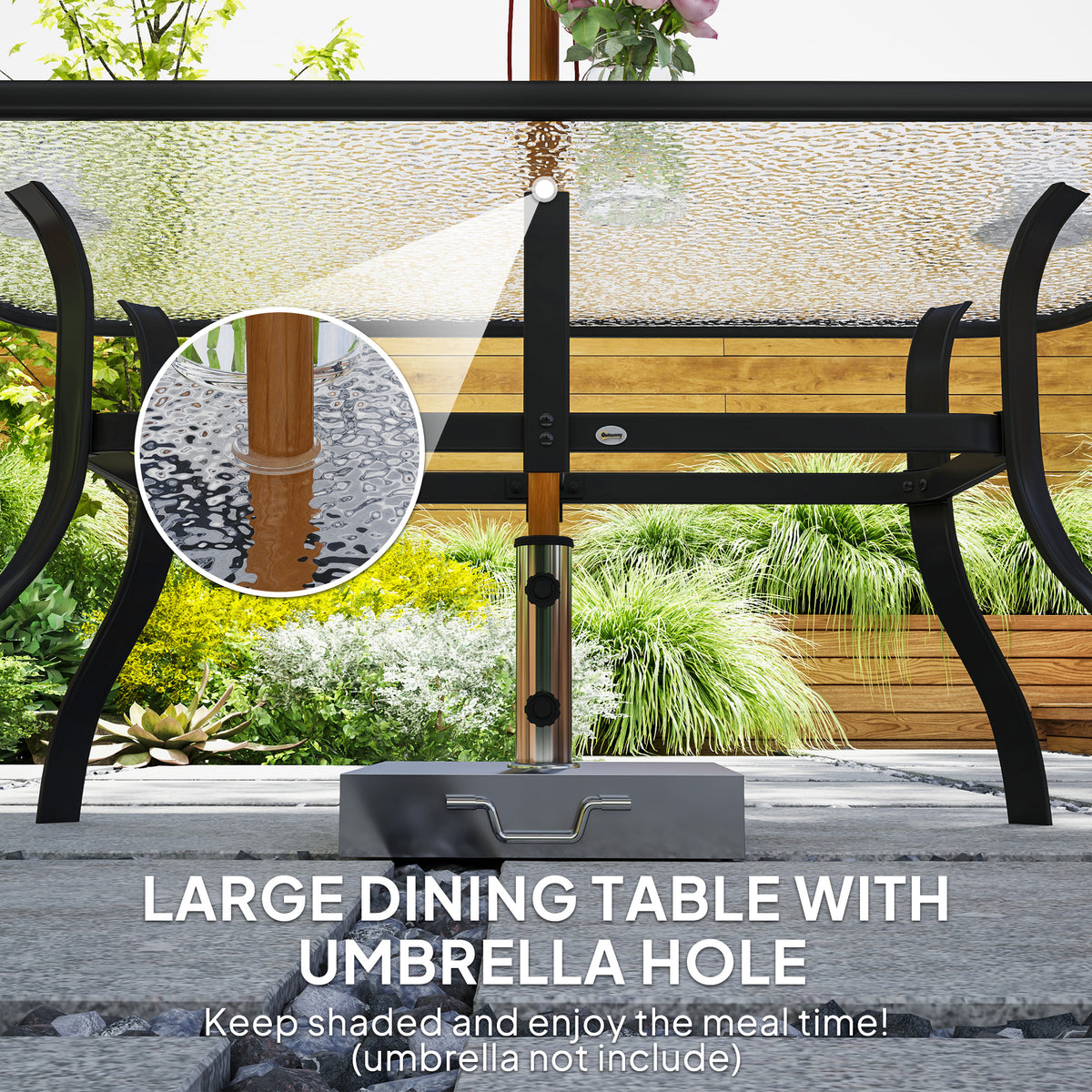 Black dining table with textured glass top and umbrella hole