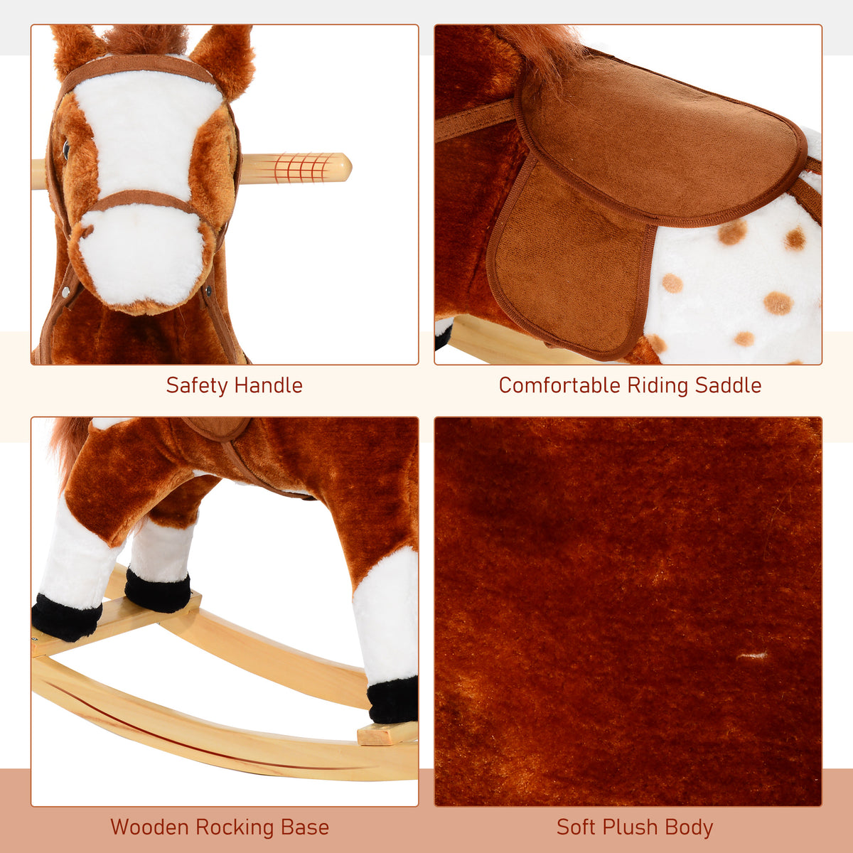 Rocking horse detail panels show safety handle, padded saddle, wooden base, and plush fabric