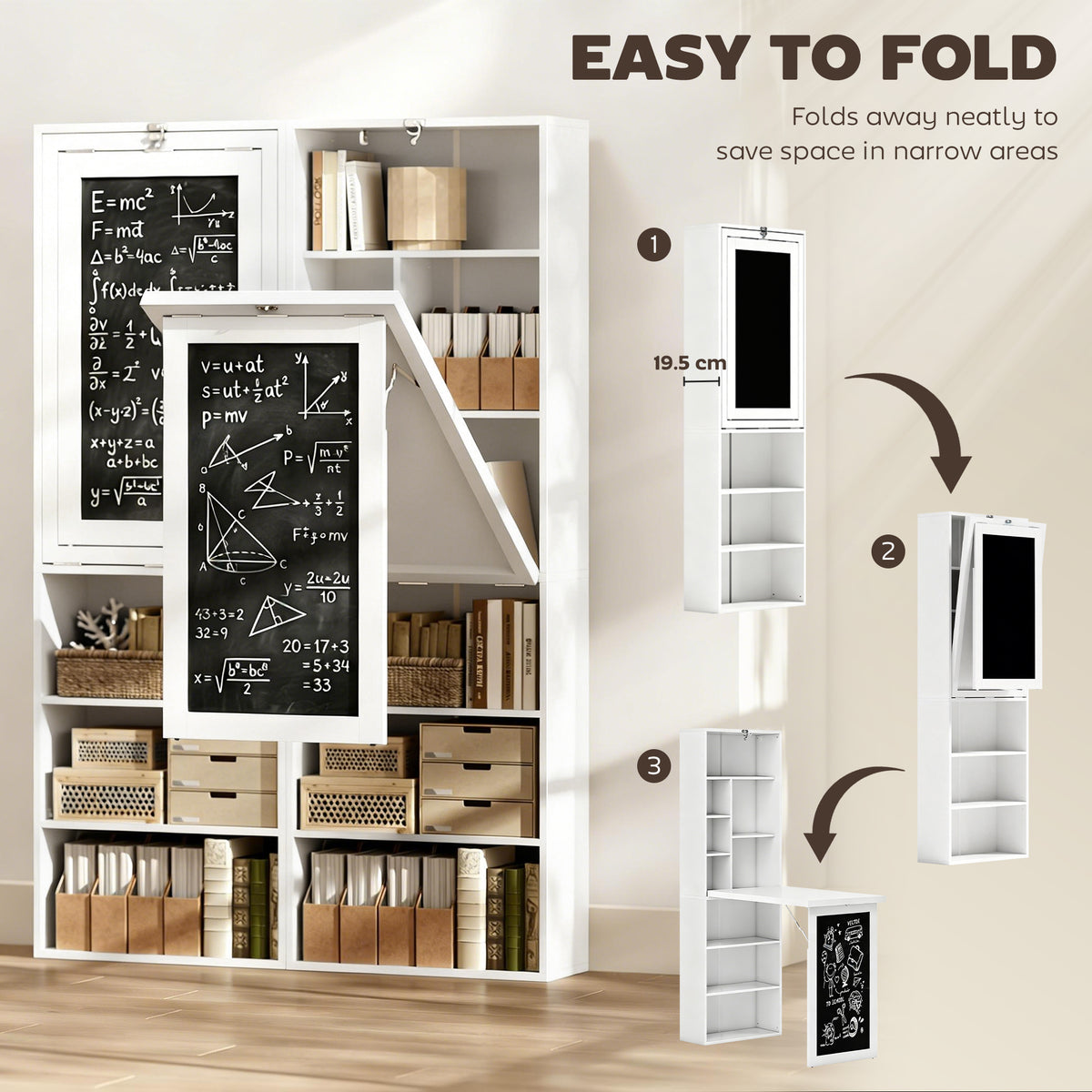 White fold-out desk demonstrating its folding design and compact storage position