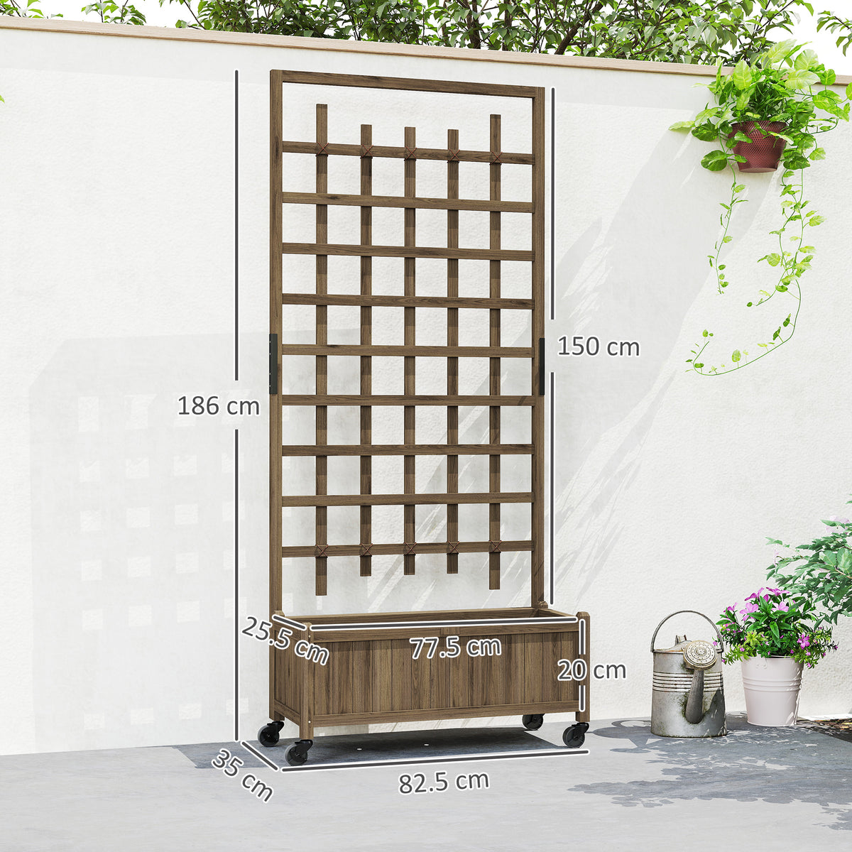 Outsunny wooden trellis planter on wheels, with planter and trellis dimensions shown