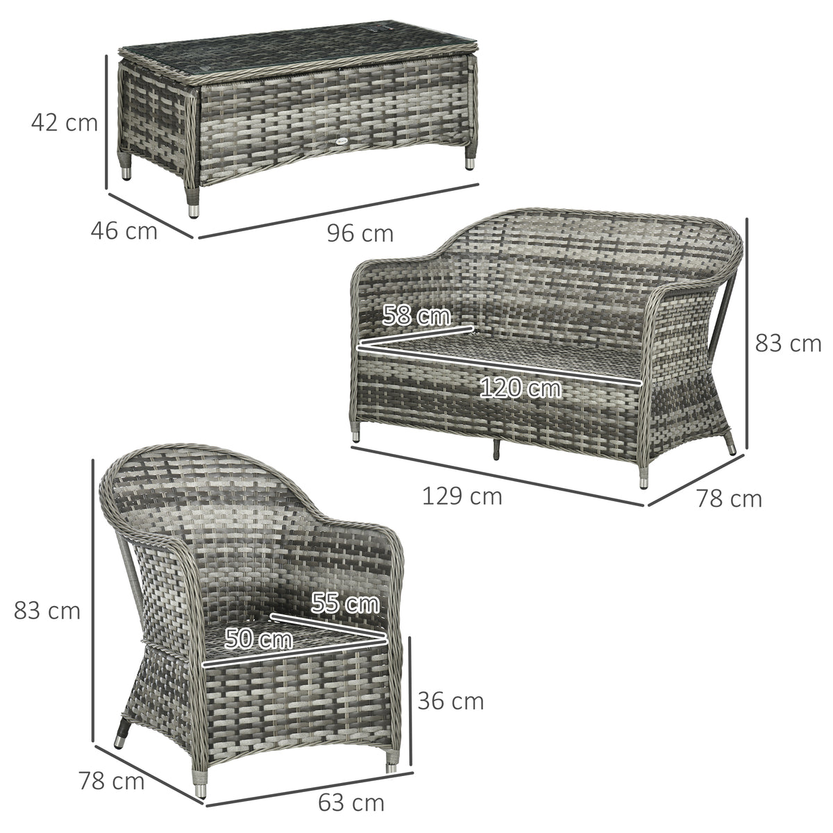 Rattan sofa set with sofa, chairs, and table dimensions shown
