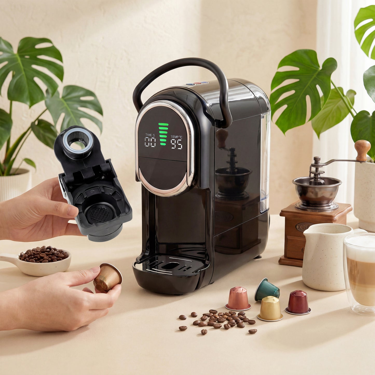 HOMCOM Pod Coffee Machine for Nespresso, Dolce Gusto Capsule & Ground Coffee, Small Semi Automatic Coffee Maker, 19 Bar, 0.6L