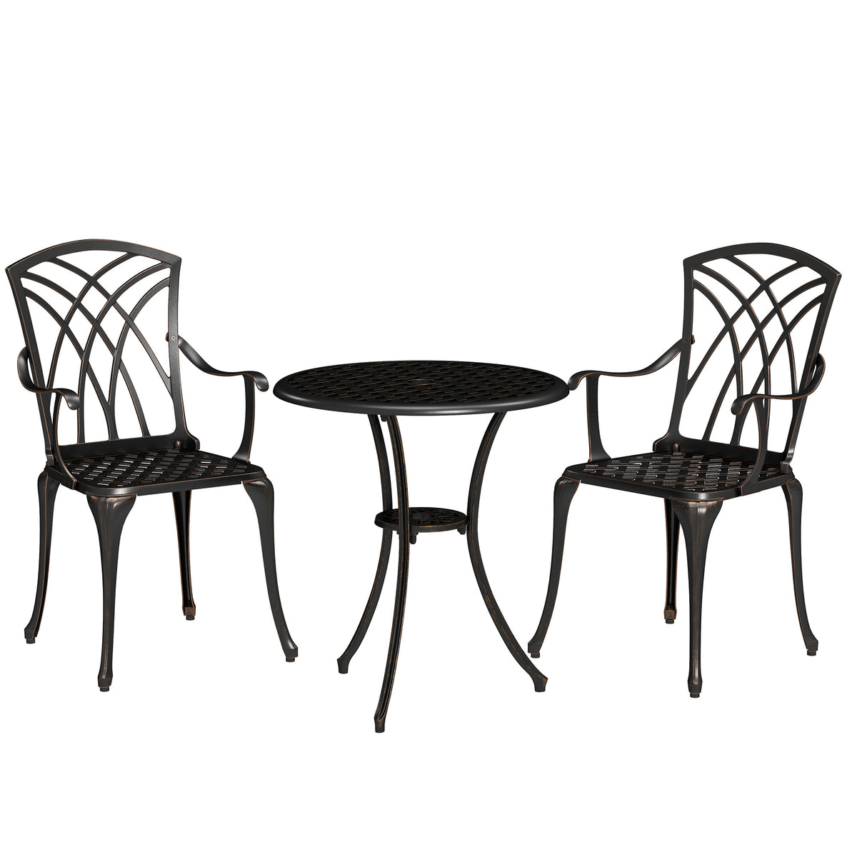Outsunny three-piece cast aluminum garden dining set with two armchairs and round table
