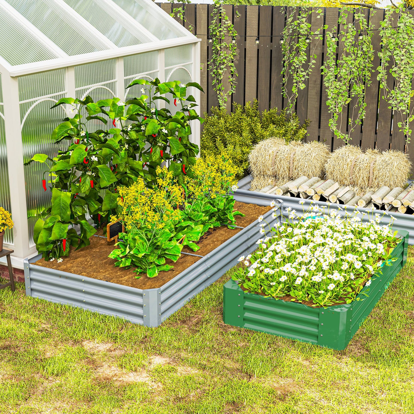 Silver corrugated steel raised planter filled with vegetables beside a smaller green planter
