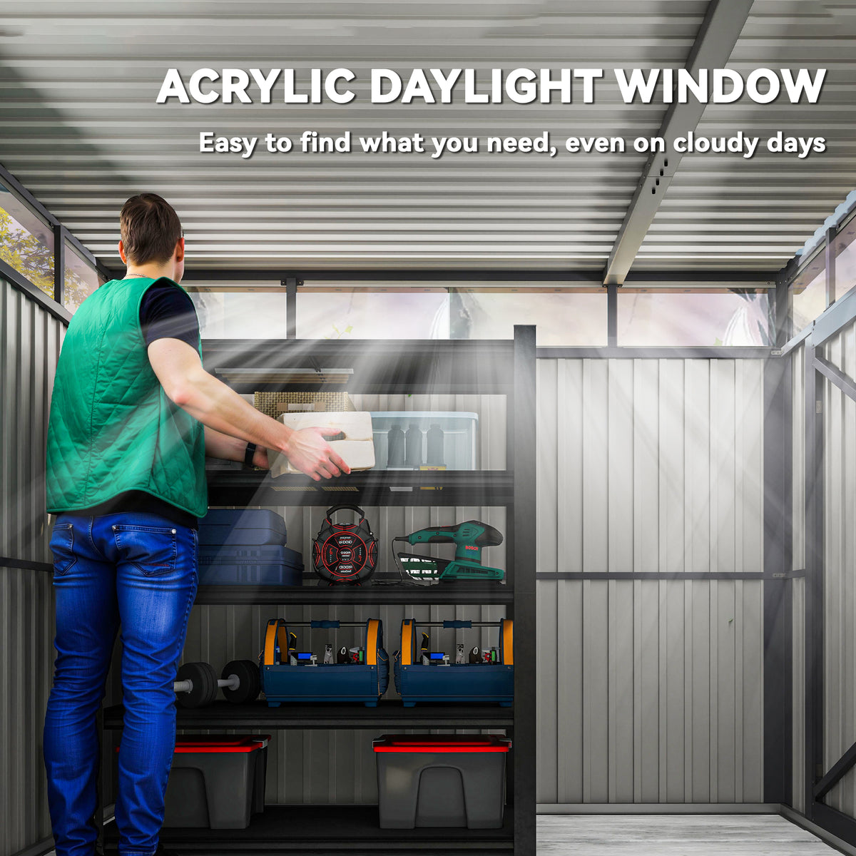 Outsunny shed interior with acrylic daylight roof windows and tool shelves