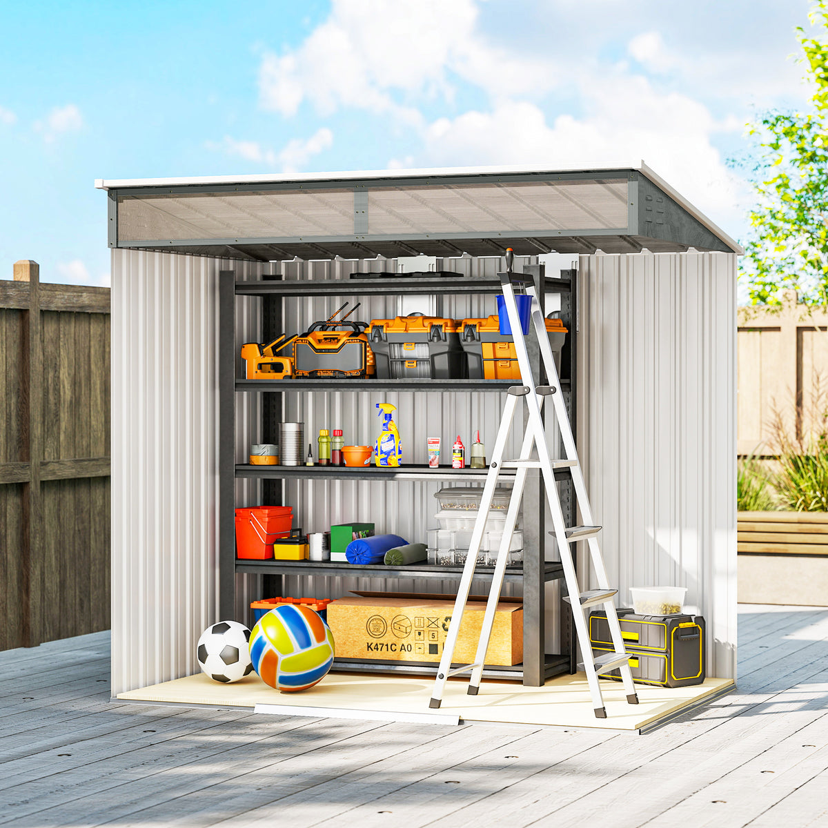 Outsunny metal garden shed with doors open, showing shelves filled with tools and storage