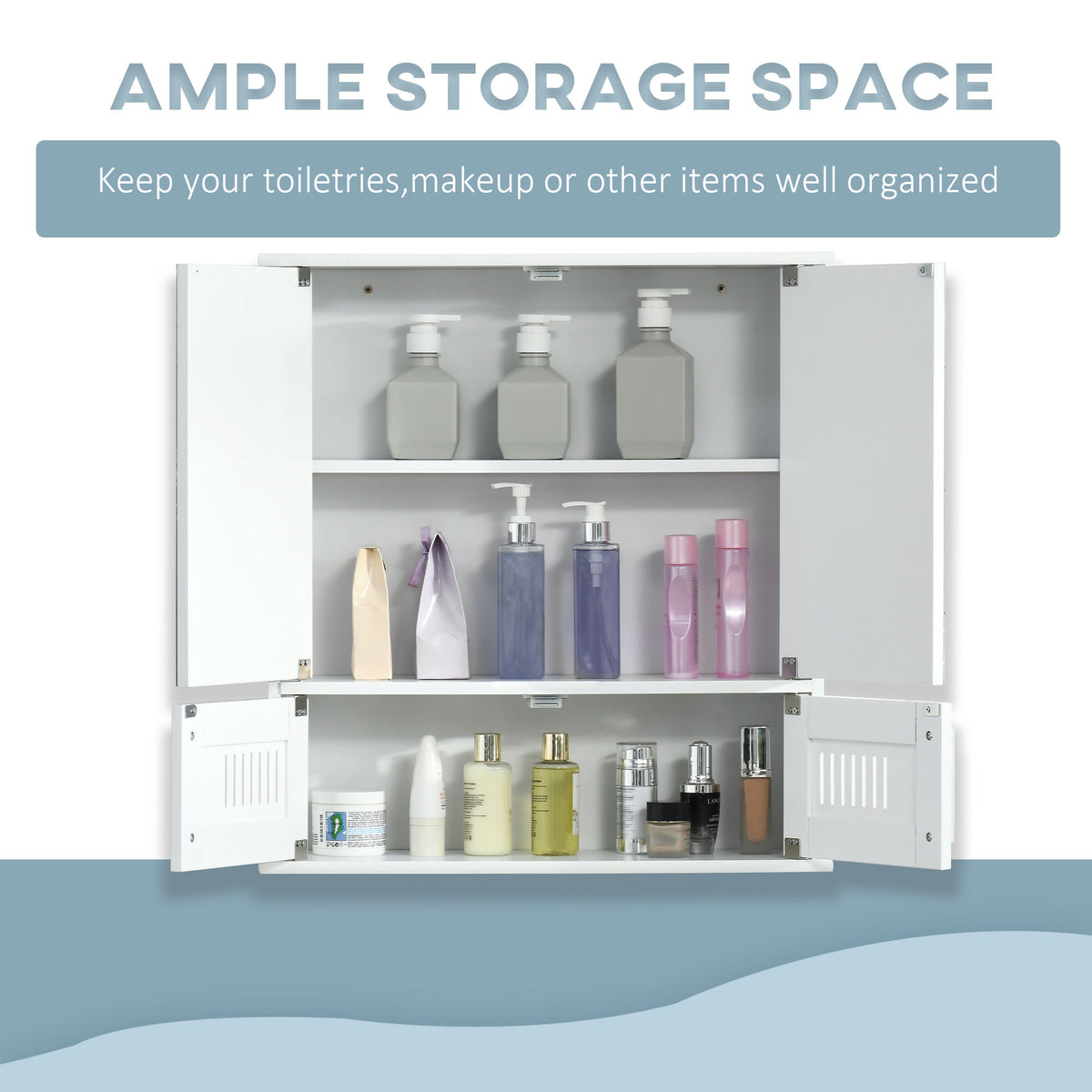kleankin white bathroom cabinet with open shelves holding toiletries