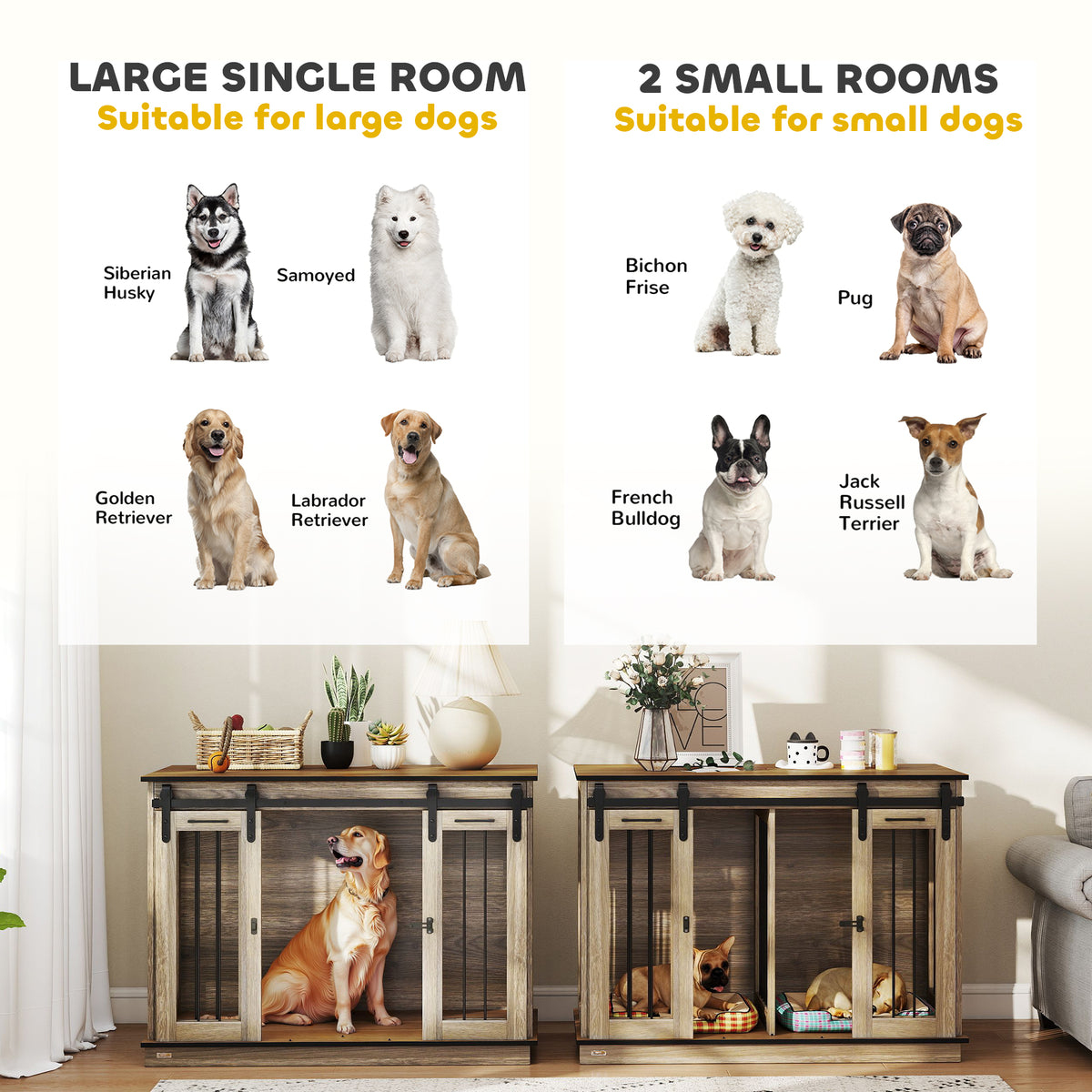 PawHut Dog Crate Furniture for Large Dogs, Double Dog Cage for Small Dogs, with Sliding Doors - Oak Tone