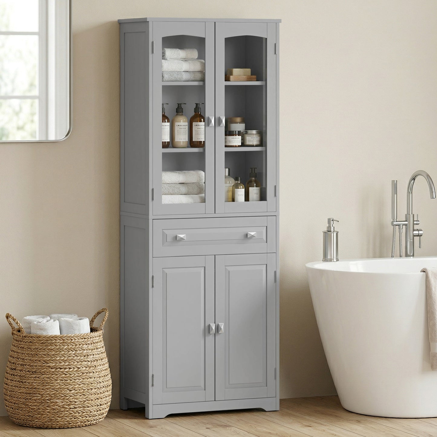 HOMCOM Freestanding Kitchen Cupboard, Storage Cabinet with 2 Adjustable Shelves, Drawer and Glass Door for Living Room, Grey
