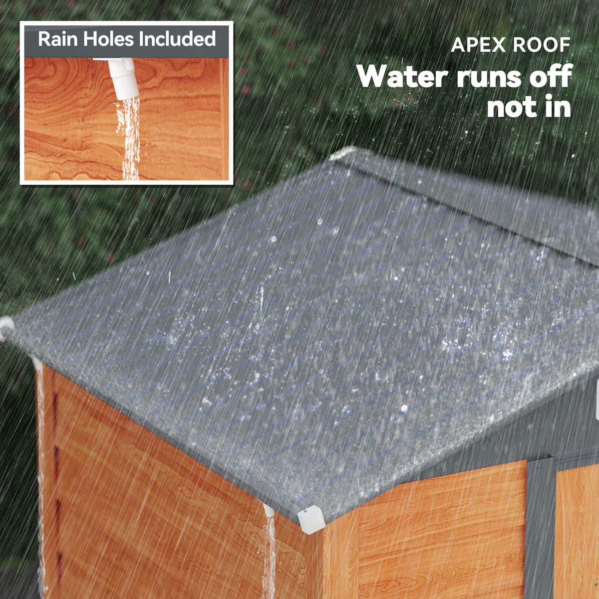 Outsunny garden shed with gray apex roof and rain holes at the edge