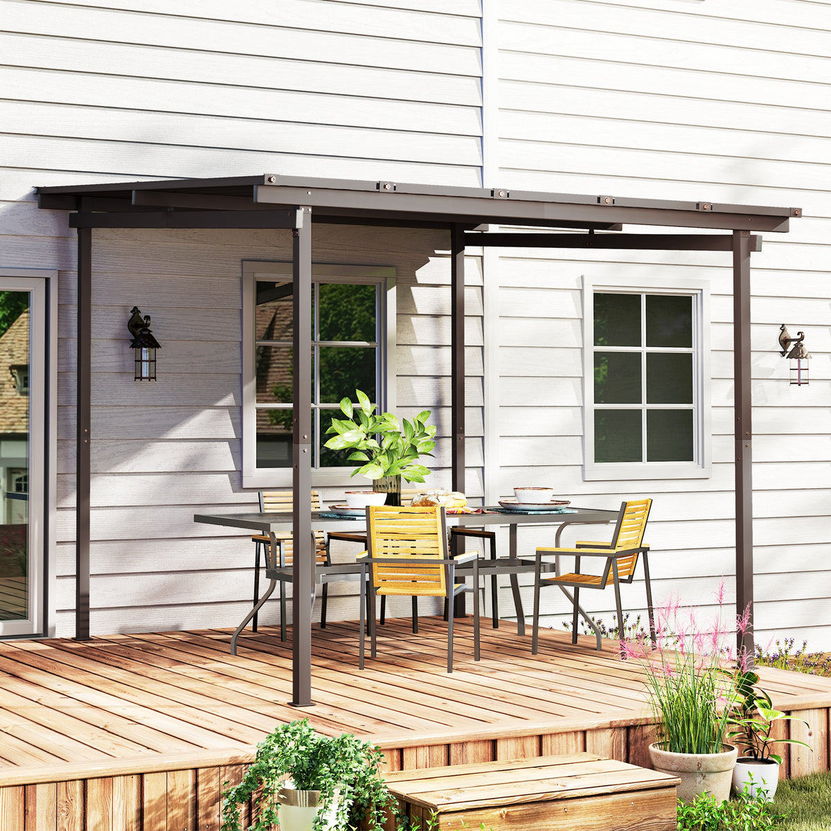 Outsunny 3 x 3(m) Garden Pergola with Waterproof Metal Roof, Lean to Pergola Hardtop Gazebo, Brown
