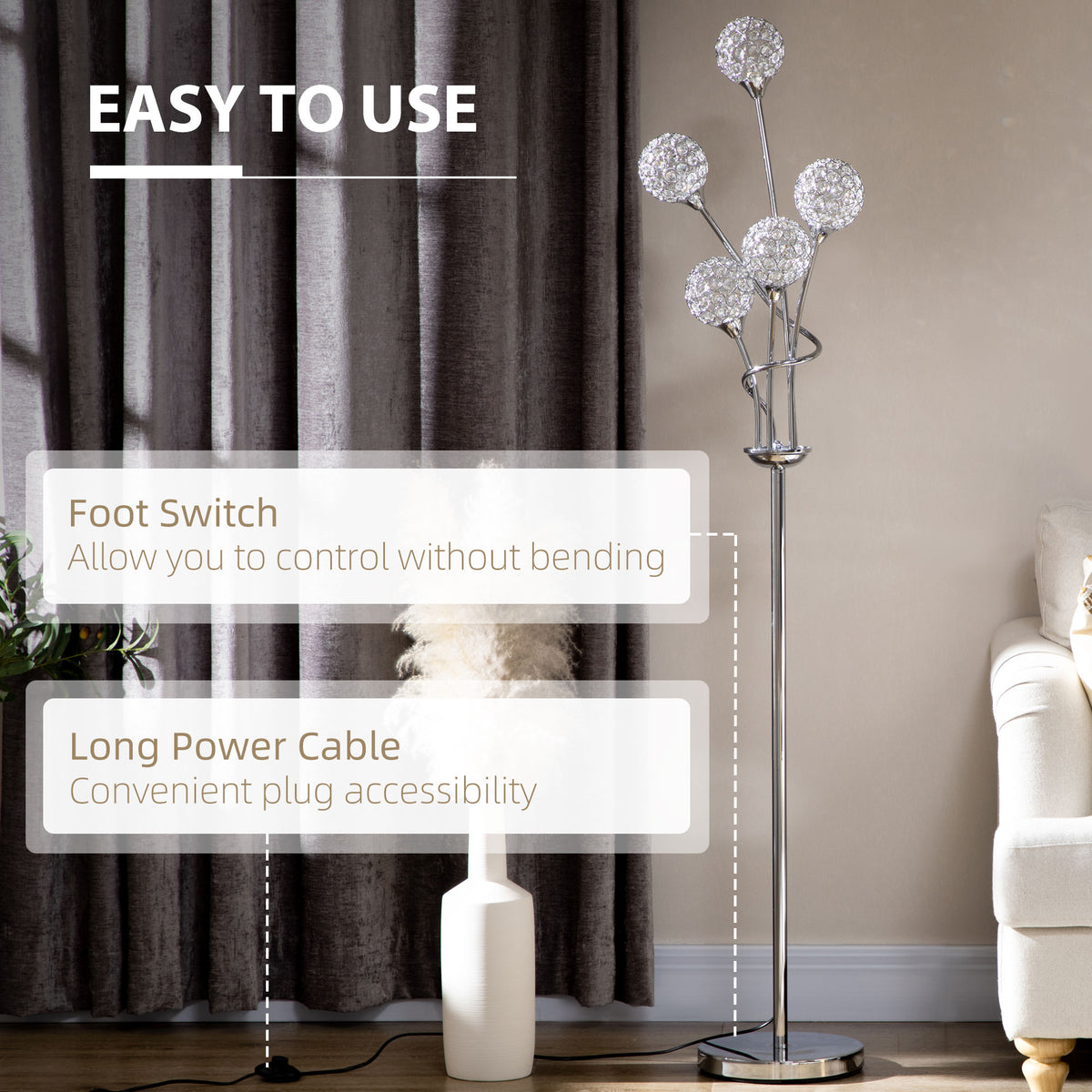 HOMCOM Floor Lamps for Living Room Bedroom with 5 Light, Modern Upright Standing Lamp, 34x25x156cm, Silver