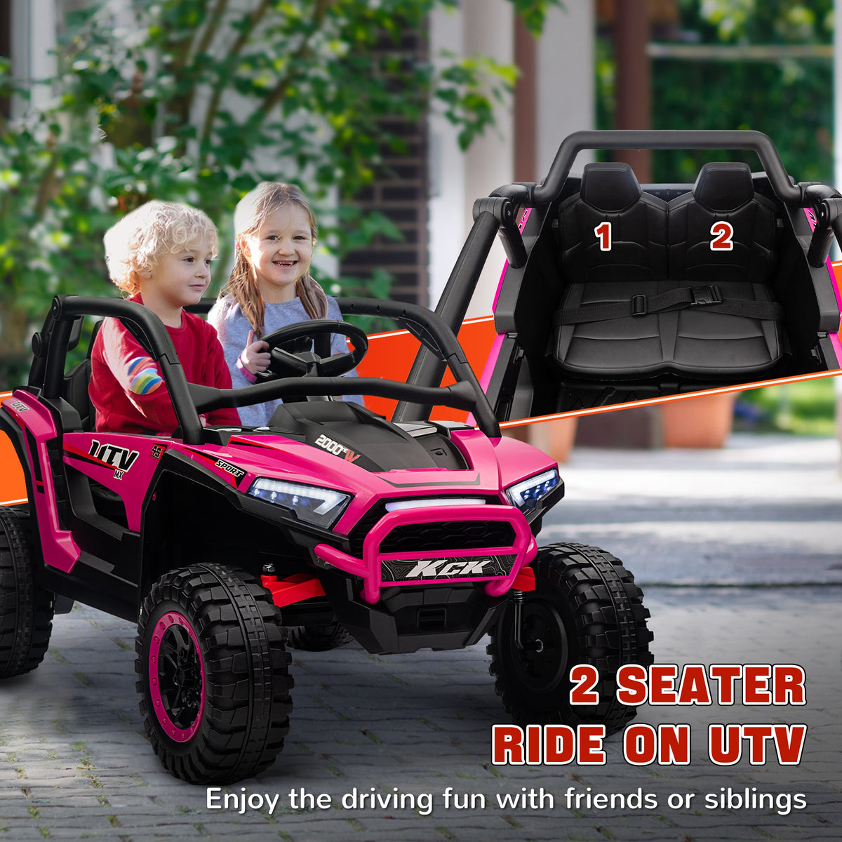 Pink two-seat electric ride-on truck with two black seats and seat belts