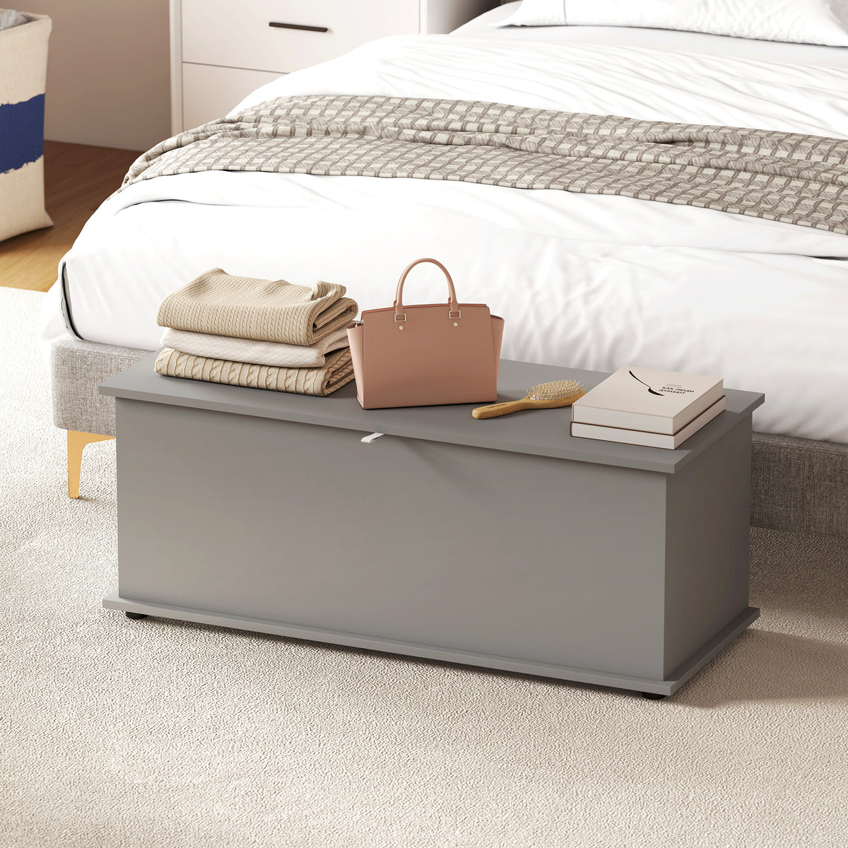 HOMCOM Storage Chest, Large 114L Blanket Box, Shoe Bench with Safety Hinged Lid, Storage Trunk, Bed End Bench for Bedroom, Hallway, Living room, Playroom, 100 x 40 x 40cm, Grey