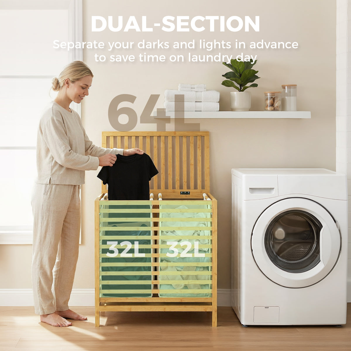 HOMCOM Bamboo Laundry Basket with Lid, 2 Baskets, Foldable, 64L, Natural and Cream White