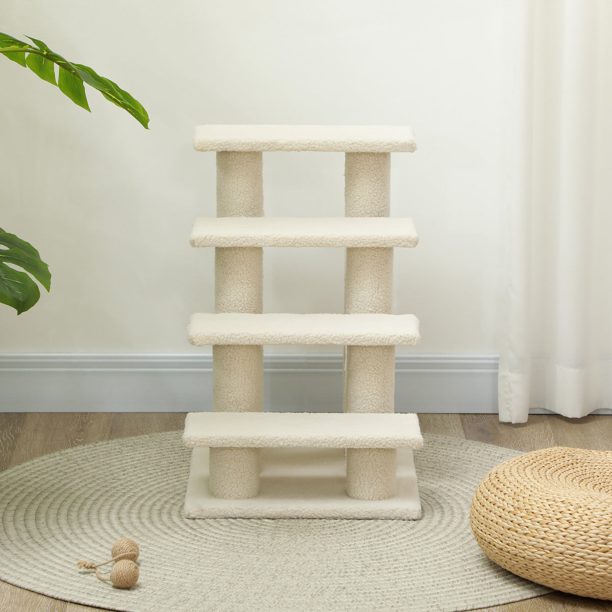 Front view of cream pet stairs with four plush-covered steps