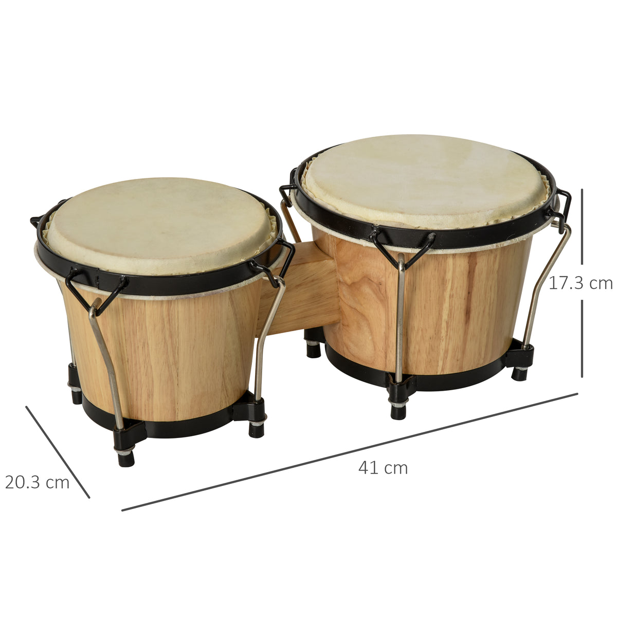 HOMCOM wooden bongo drum set with dimensions marked as 41 by 20.3 by 17.3 cm
