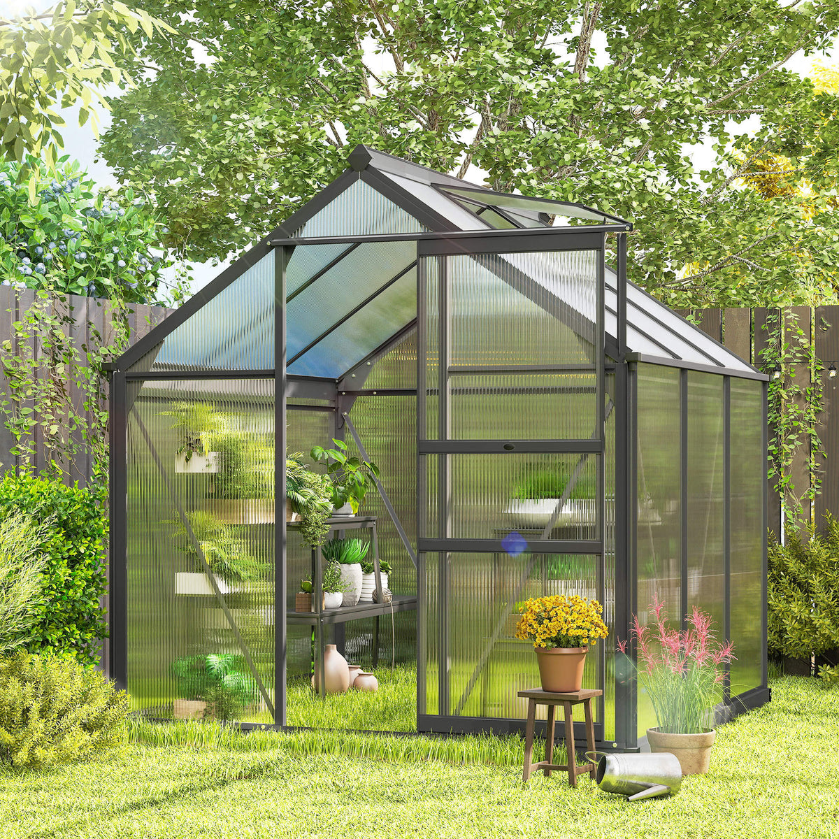 Outsunny 6 x 6ft Polycarbonate Greenhouse, Large Walk in Green House with Slide Door and Window, Garden Plants Grow House with Aluminium Frame and Foundation, Grey