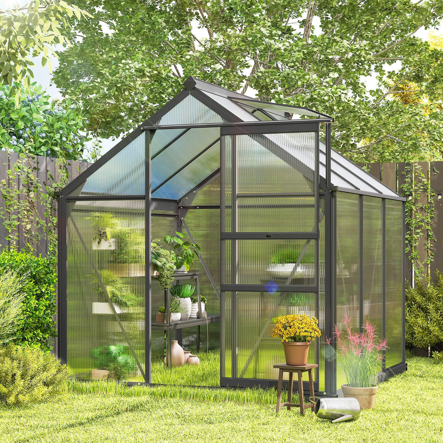 Outsunny 6 x 6ft Polycarbonate Greenhouse, Large Walk in Green House with Slide Door and Window, Garden Plants Grow House with Aluminium Frame and Foundation, Grey