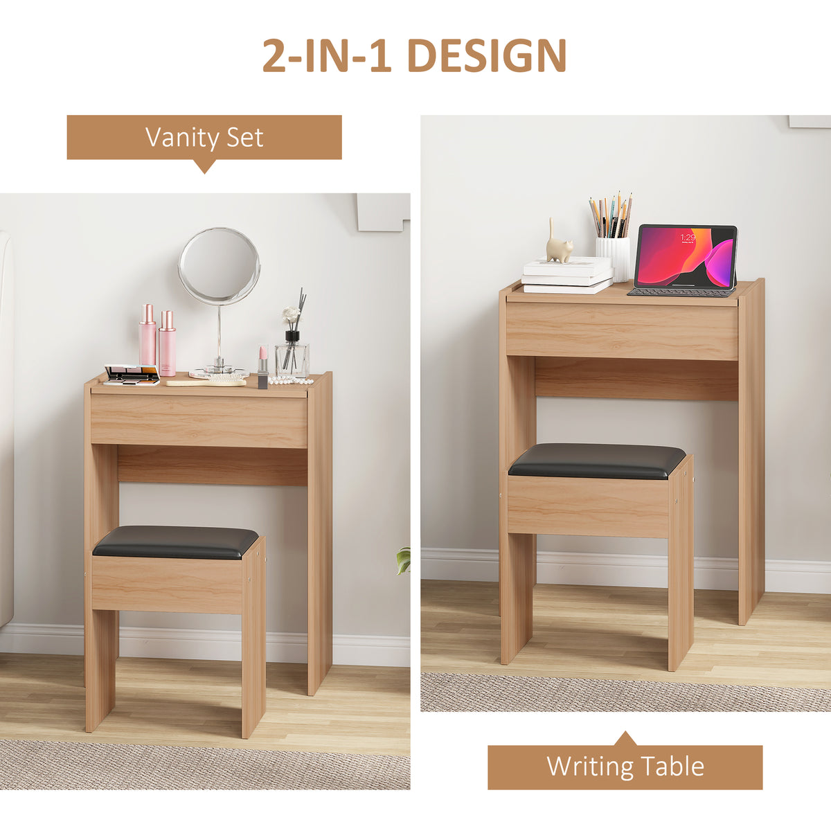 Wood vanity and padded stool arranged as a makeup table or writing desk