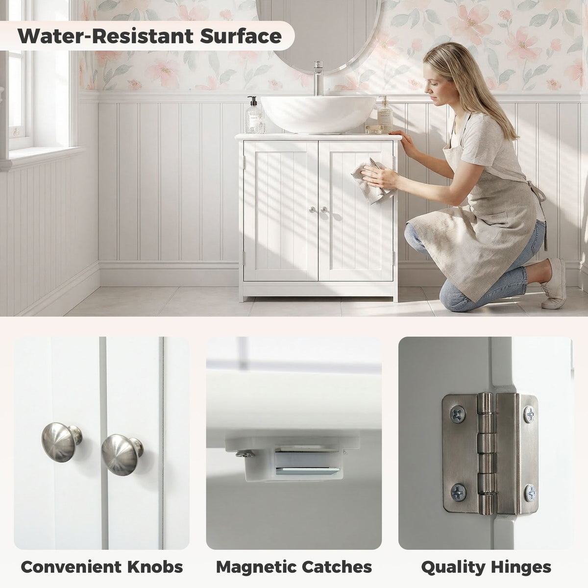 kleankin Under Sink Bathroom Cabinet, Freestanding Under Sink Cabinet with 2 Doors and Adjustable Shelf for Basin without or with Pedestal, White