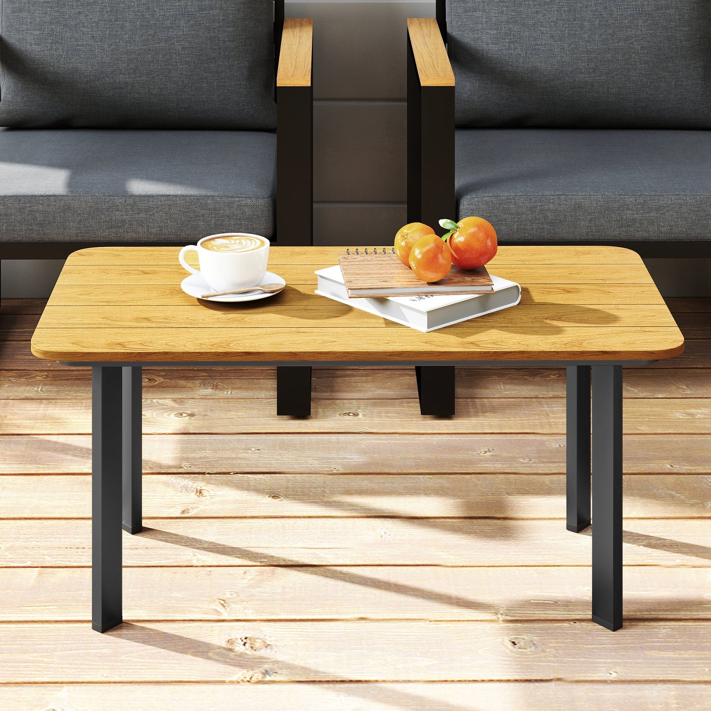 Outsunny Outdoor Garden Coffee Table, Garden Table with Slatted Wood Plastic Composite Top and Metal Frame, Brown