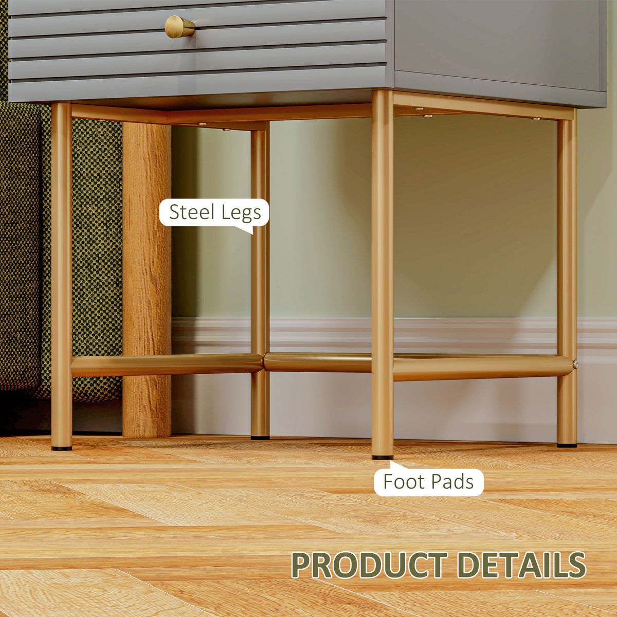 Bedside table detail showing gold-tone steel legs and foot pads
