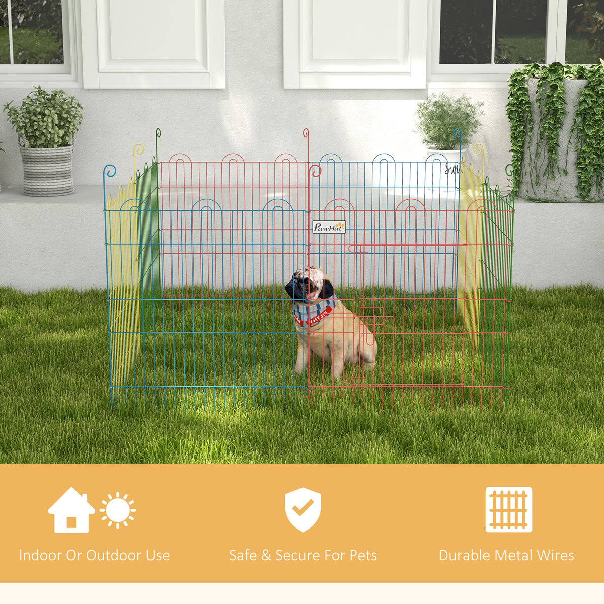 Multicolor metal pet playpen with a door, shown set up outdoors