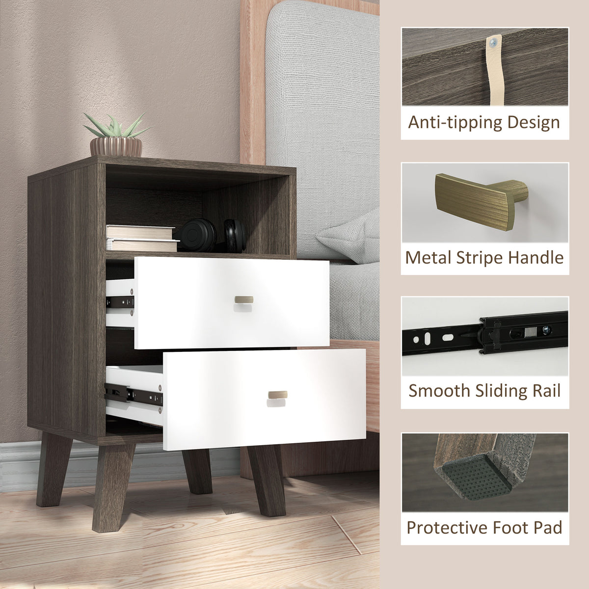 HOMCOM bedside table with open cubby, extended drawers, metal handles and protective foot pads