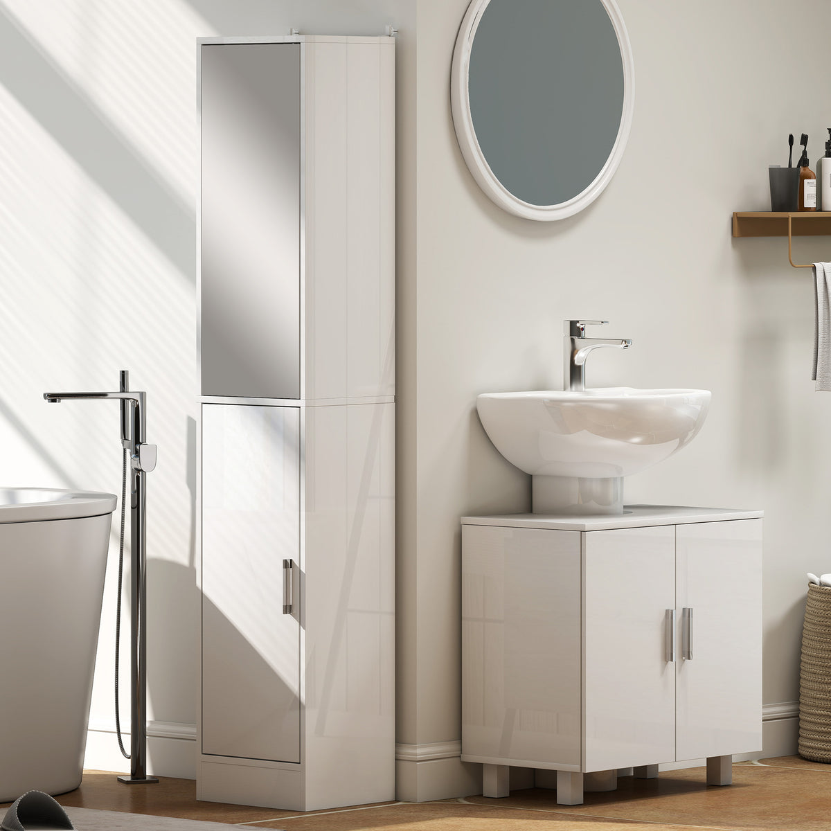 kleankin Tall Bathroom Cabinet with Mirror and Adjustable Shelf - High Gloss White