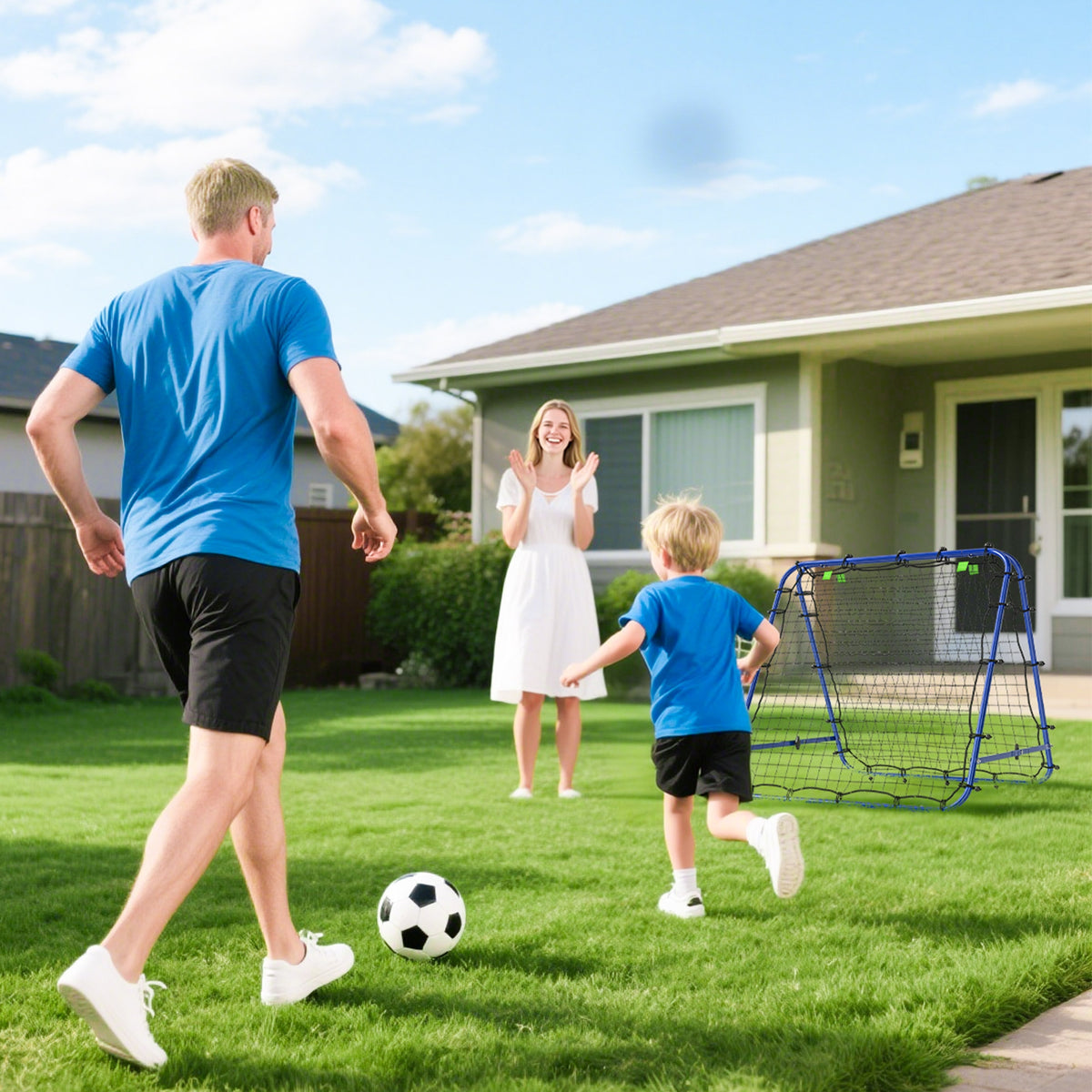Blue football rebounder net set up for backyard soccer practice