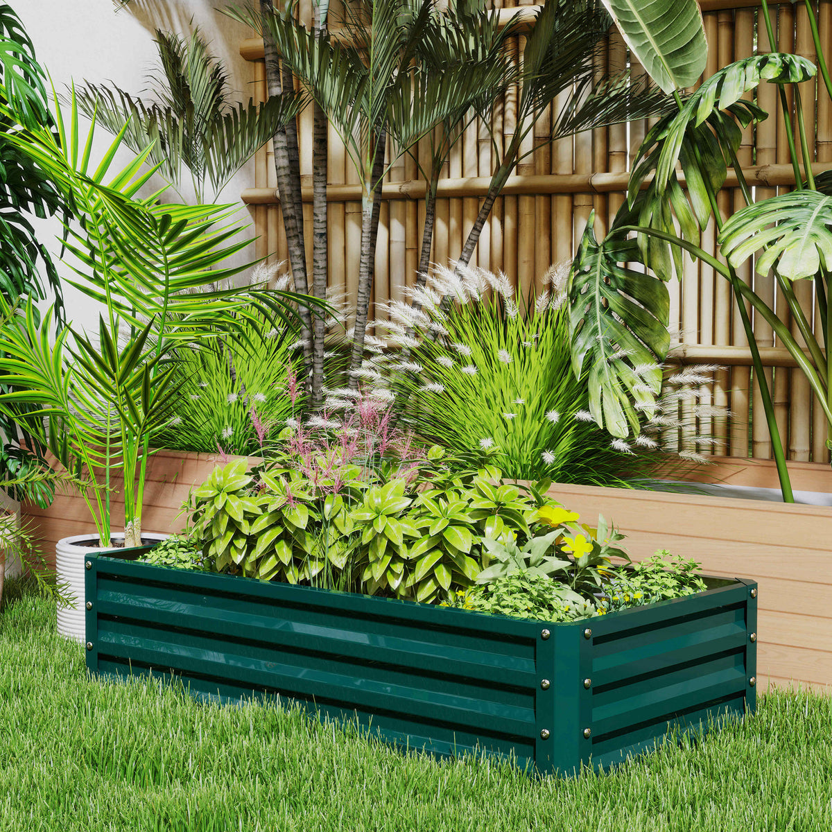 Outsunny Set of 2 Raised Beds for Garden, Galvanised Outdoor Planters for Herbs Vegetables, Use for Patio Balcony, Green