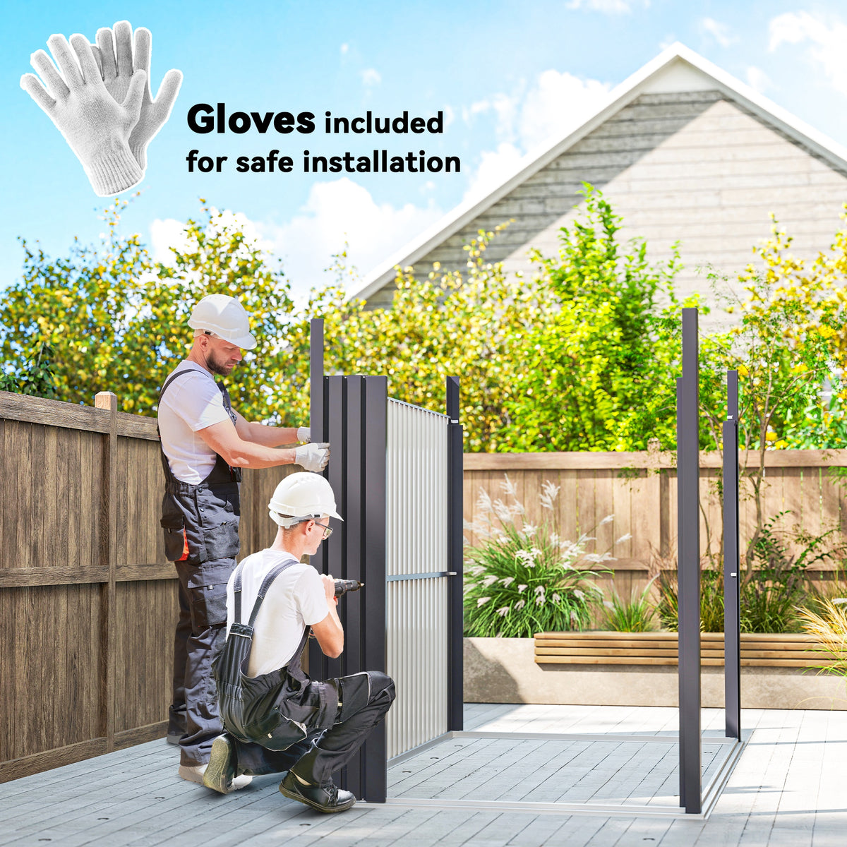 Outsunny steel garden shed panels being assembled; installation gloves included