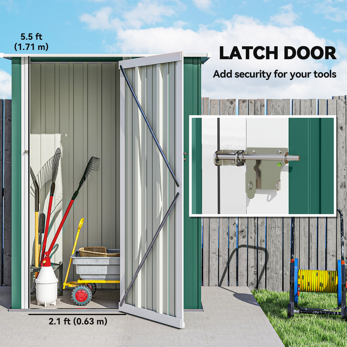 Green metal shed with open latch door and tools inside
