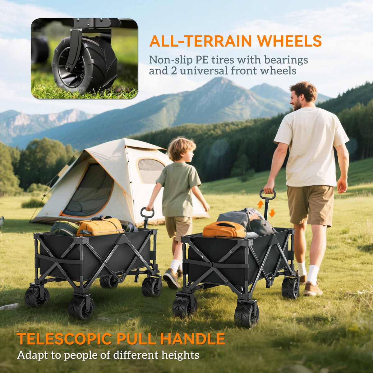 Outsunny black folding wagon with all-terrain wheels and a telescopic pull handle