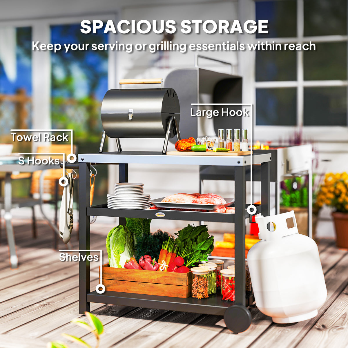 Outsunny grill cart with shelves, hanging hooks, towel rack, and a large side hook