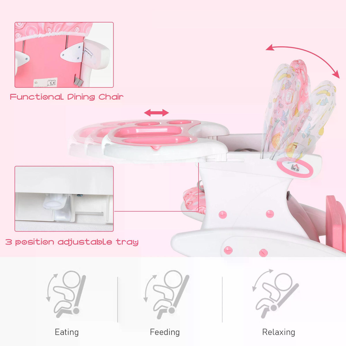 Pink and white baby high chair with adjustable tray and reclining seat positions