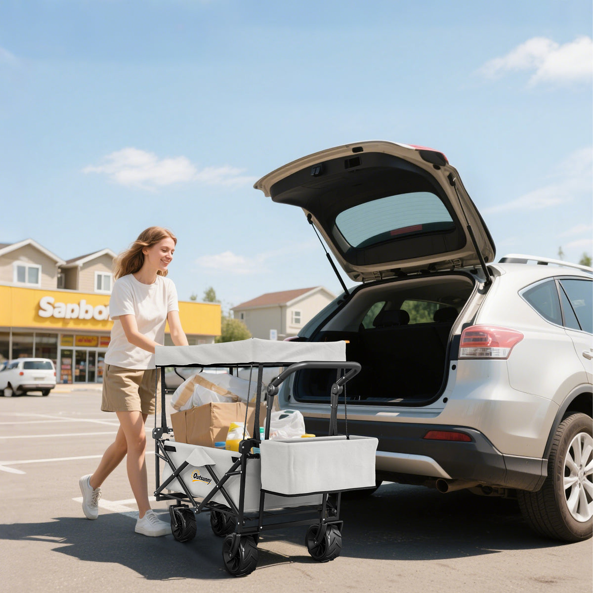 Outsunny 180L Festival Trolley on Wheels, Push & Pull Beach Cart with Removable Canopy, Wide All-Terrain Wheels, Folding Camping Trolley Cart, Adjustable Handle for Garden Fishing Shopping, Grey