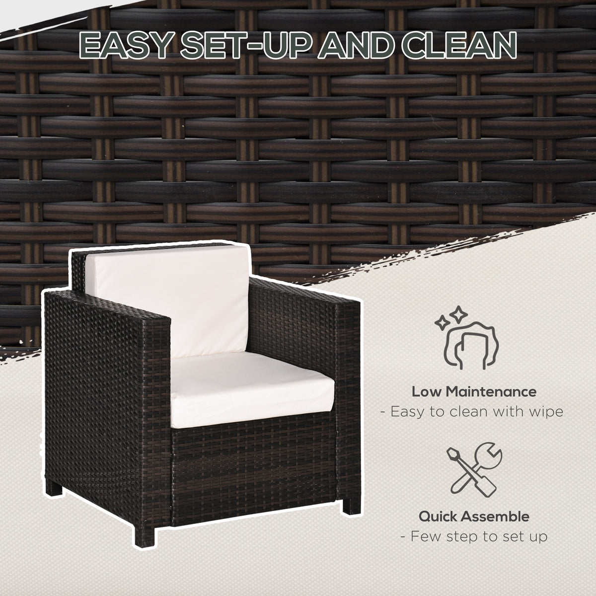 Brown rattan armchair with white cushions, shown with cleaning and assembly details