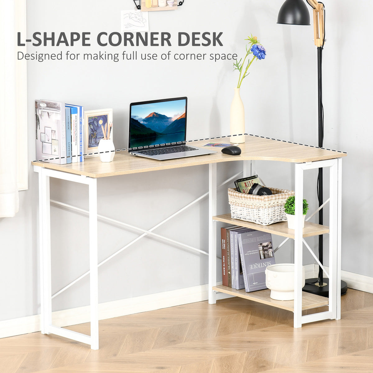 L-shaped corner desk with two shelves, shown set up as a workstation