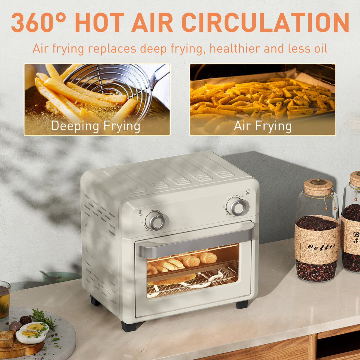 HOMCOM cream air fryer oven shown with food cooking inside and 360-degree hot air circulation
