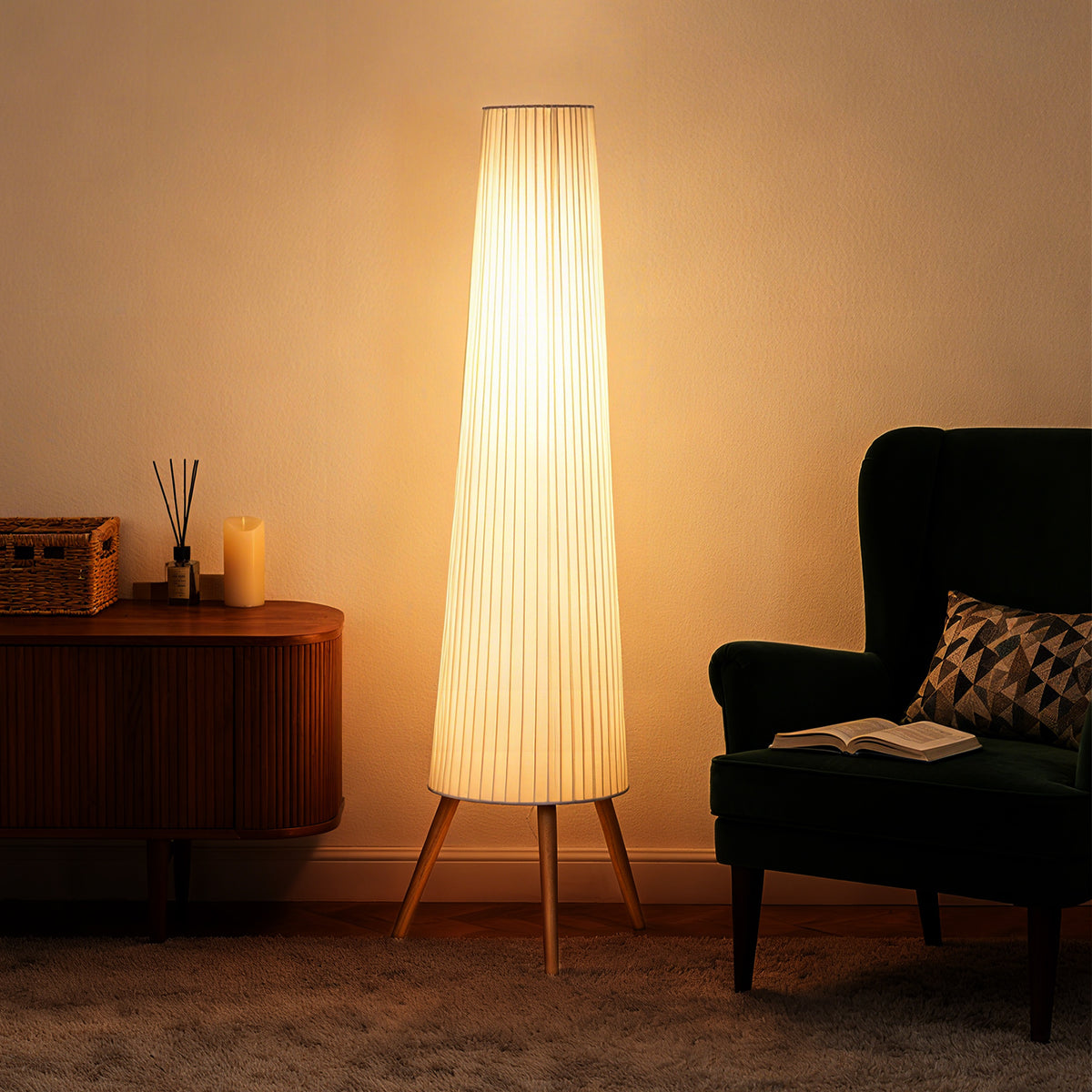 HOMCOM Dimmable Tripod Floor Lamp with Foot Switch, Nordic Standing Lamp with Fabric Shade, 153cm, White, White and Natural