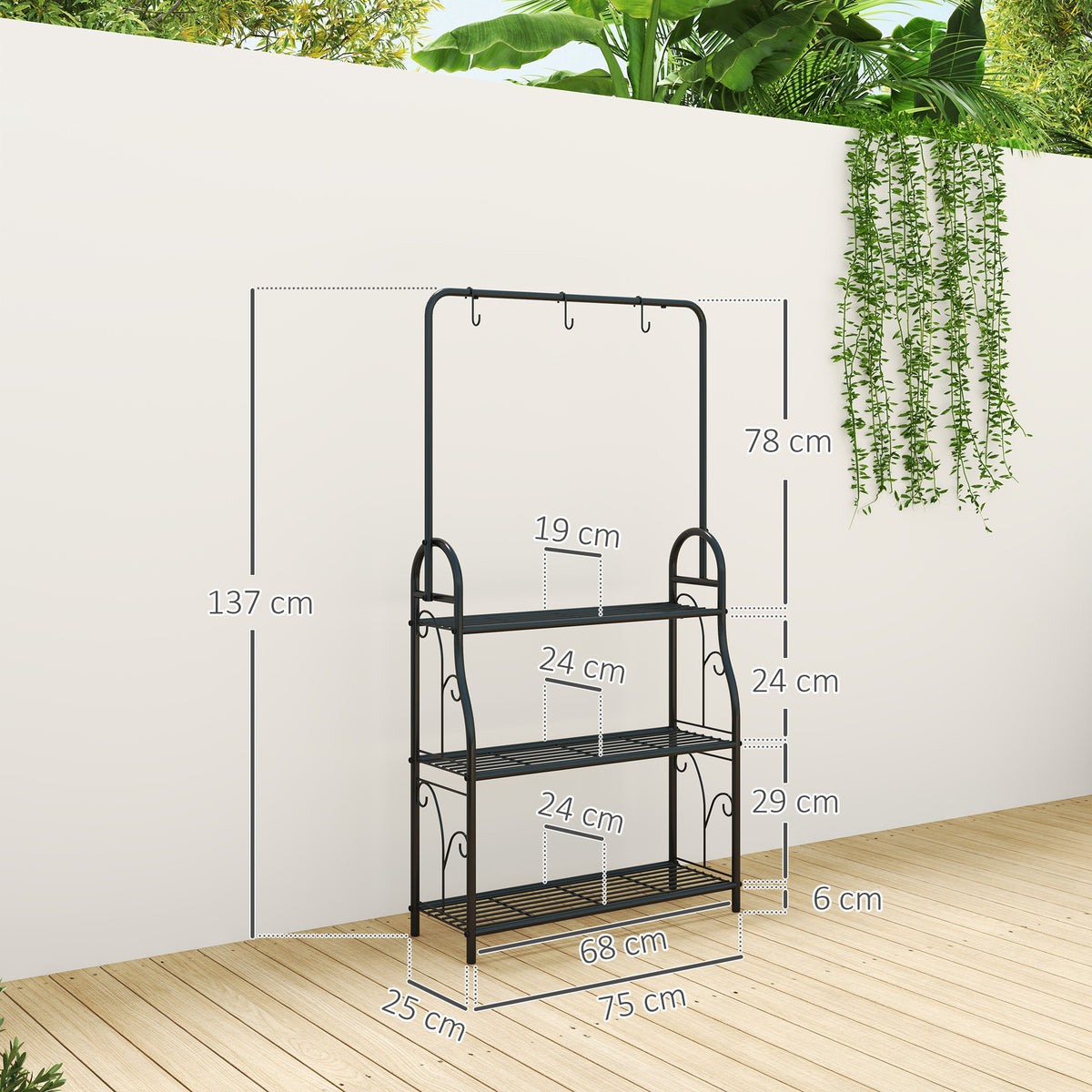 Outsunny three-tier plant stand with hanging hooks, shown with dimensions