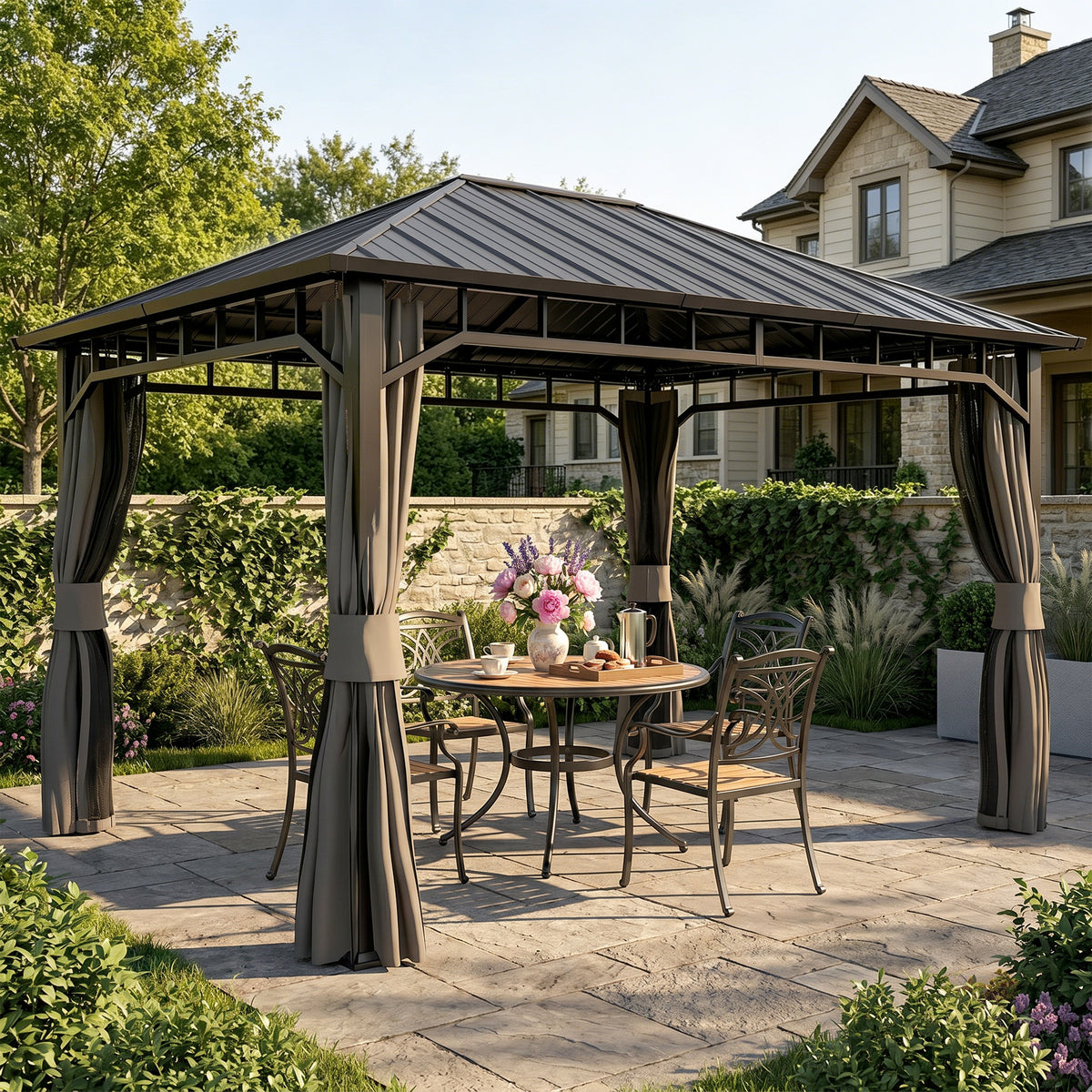 Outsunny hardtop gazebo with dark metal roof and tied-back curtains over a patio dining set