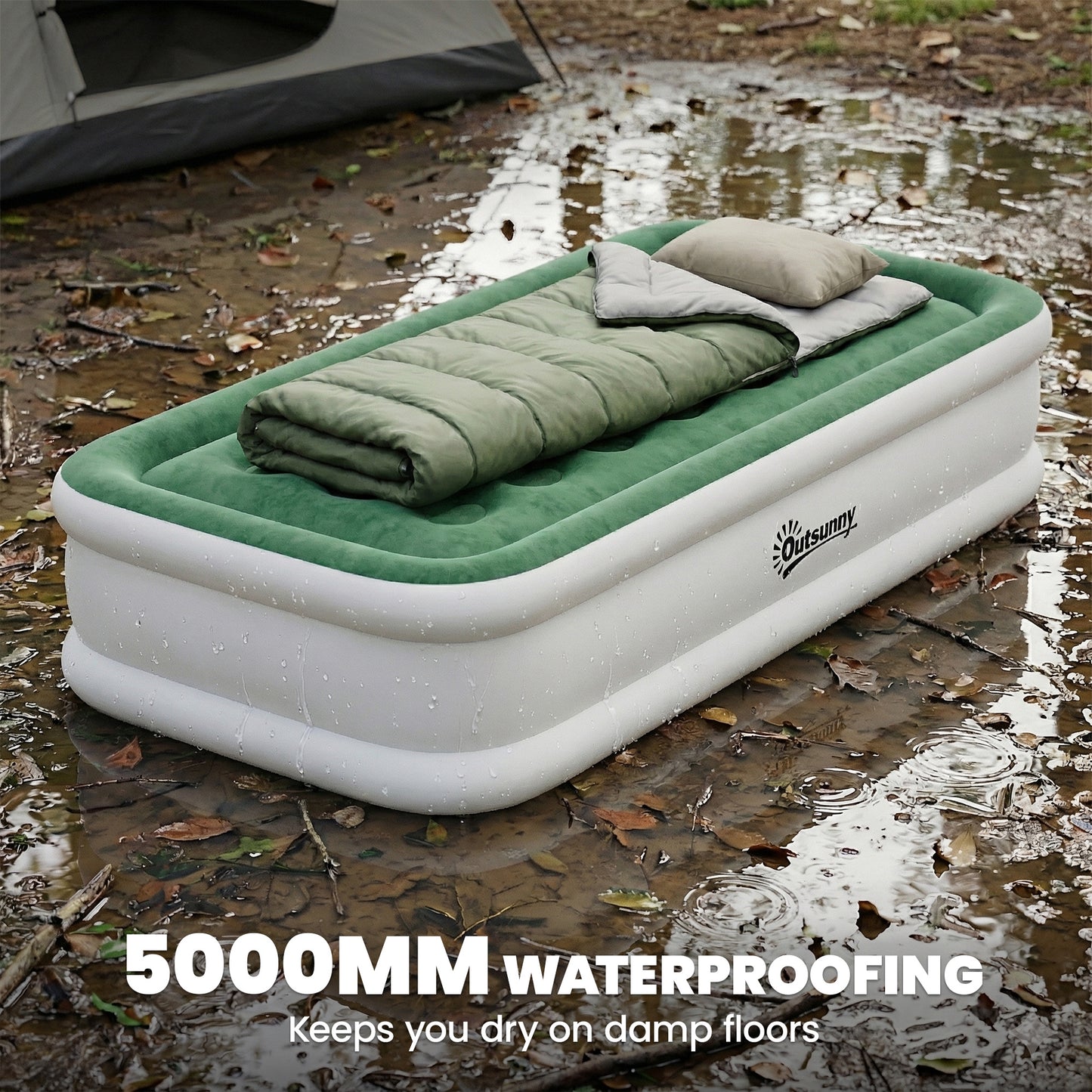 Outsunny Inflatable Mattress, Single Air Bed with Built-in Electric Pump, 3 Mins Inflation, Flocked Surface, Dark Green