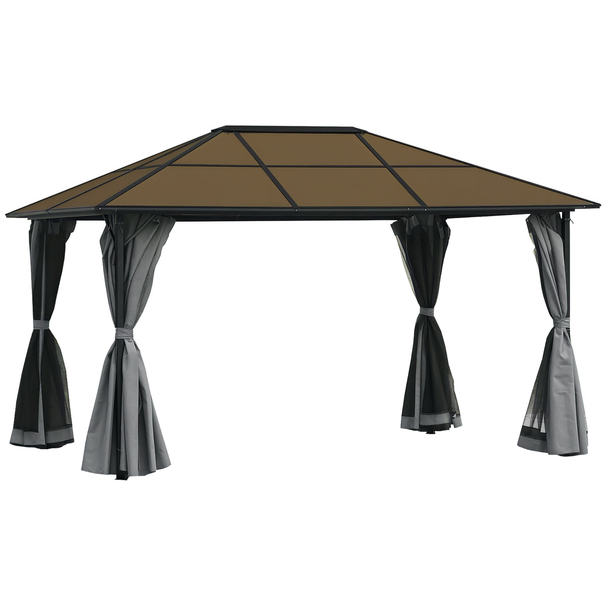 Outsunny hardtop gazebo with brown polycarbonate roof, dark frame, and tied gray curtains