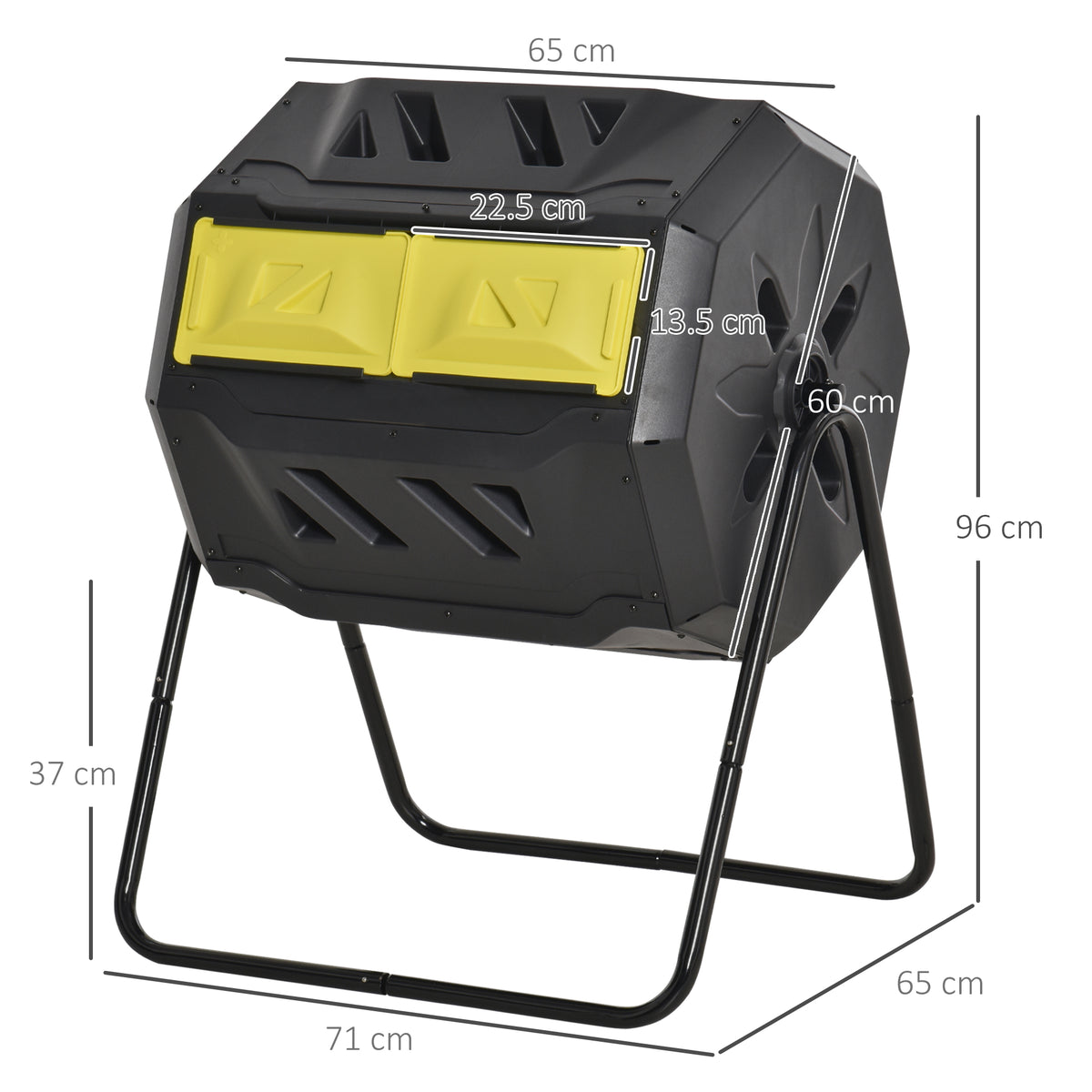 Outsunny rotating dual-chamber composter with yellow sliding doors and black steel stand; dimensions shown.