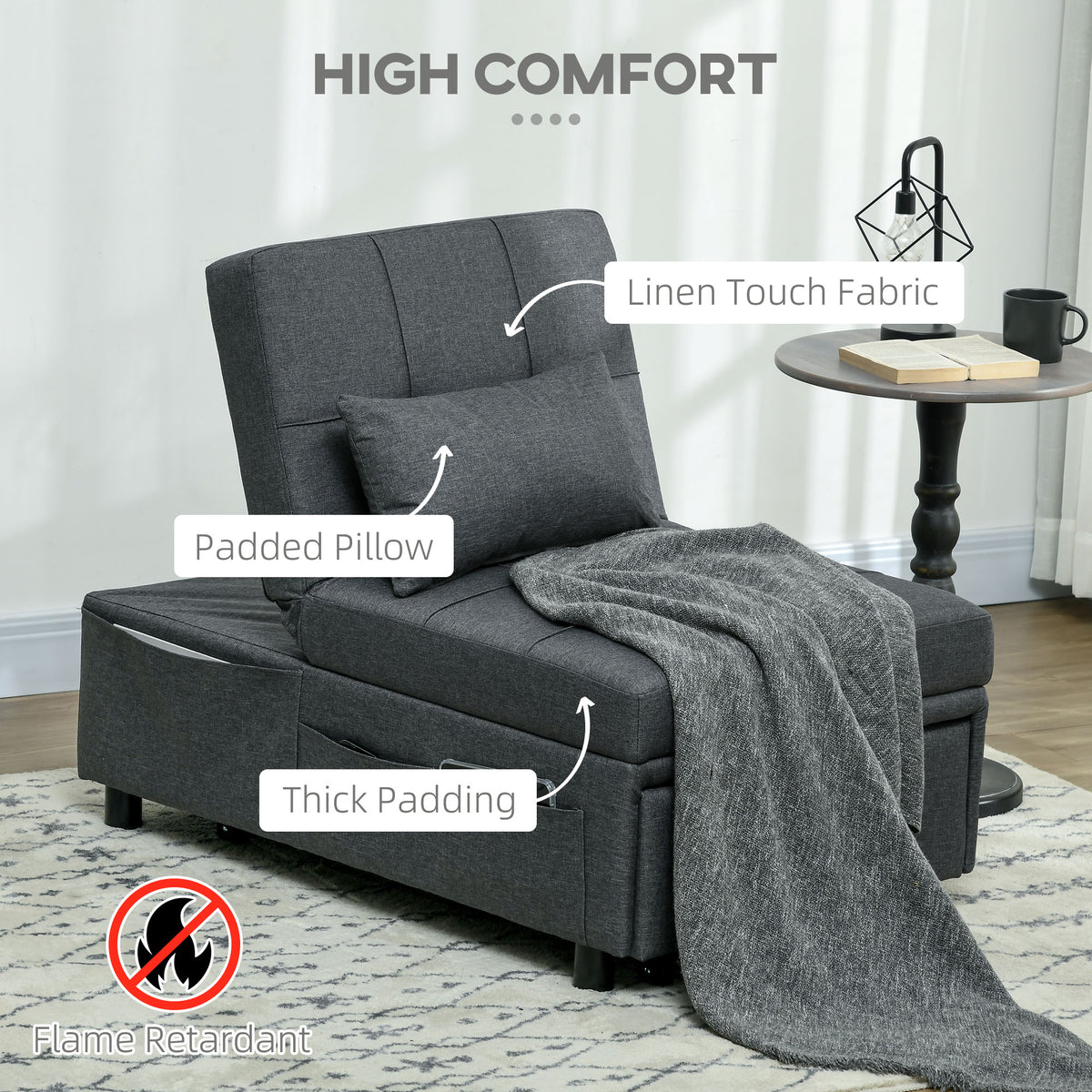 Grey padded sleeper chair with linen-touch fabric, pillow and matching throw