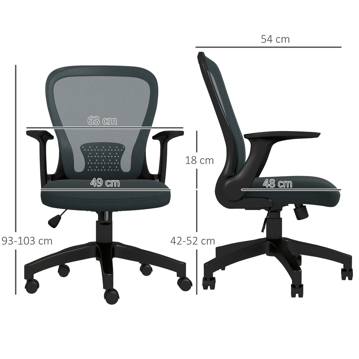 Grey ergonomic office chair with mesh back, flip-up armrests, swivel wheels and dimensions shown.