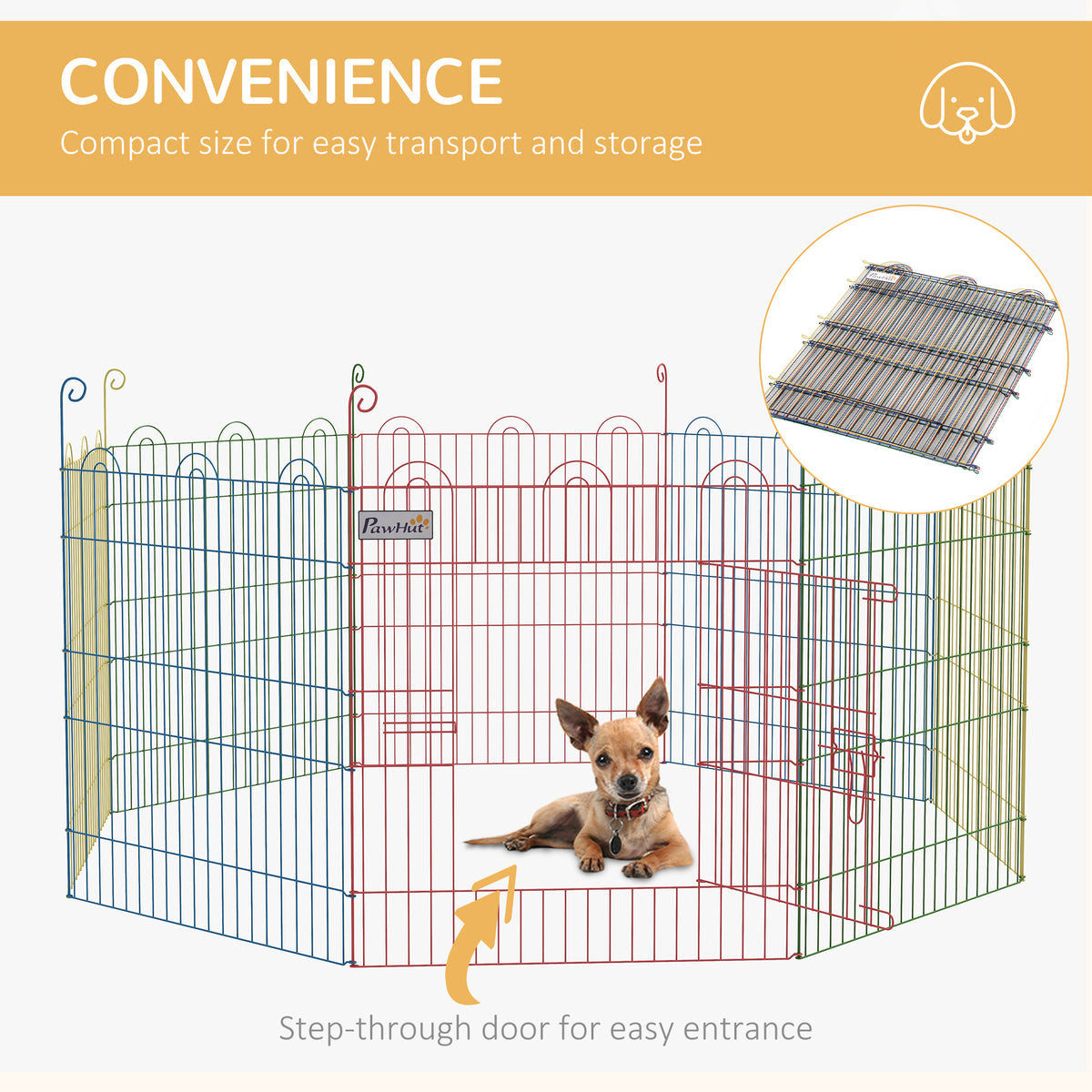 Eight-panel metal pet playpen with step-through door and folded panels for storage